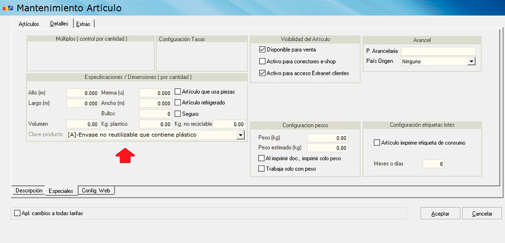 Configuración de artículo DAF Erp impuesto al plástico