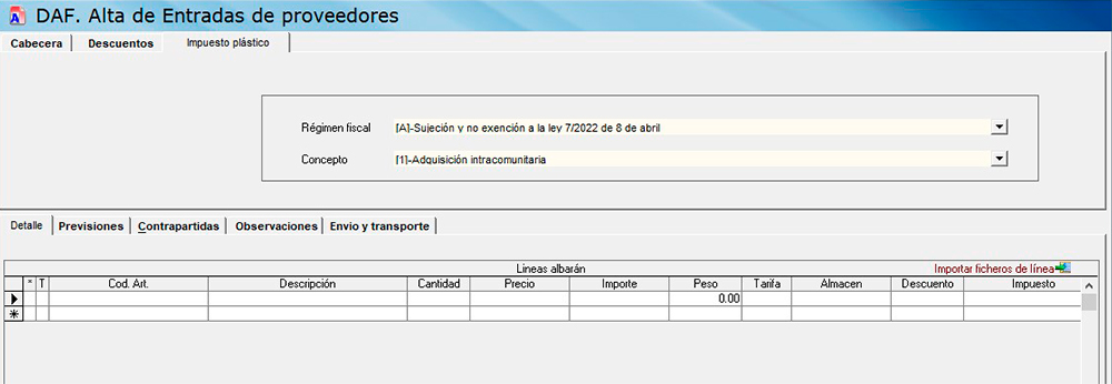 Configuración Documento de alta entradas de proveedores DAF Erp Impuesto al plástico