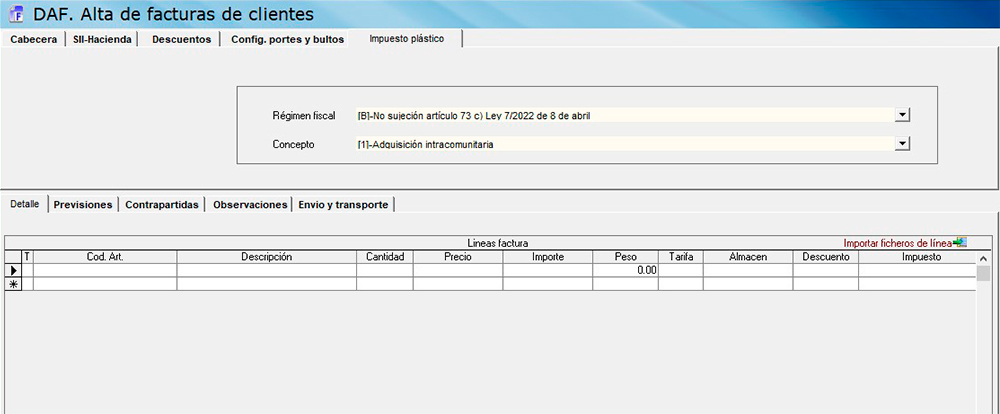 Configuración de documento de alta de facturas declientes con impuesto al plástico